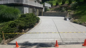A driveway with orange cones and bushes in the background.