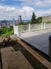 A view of the city from an outdoor patio.